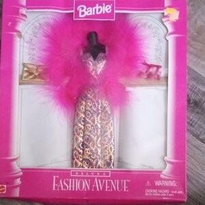 Barbie Pink Feather Boa & Gold-Patterned Evening Gown With Purse & Shoes.